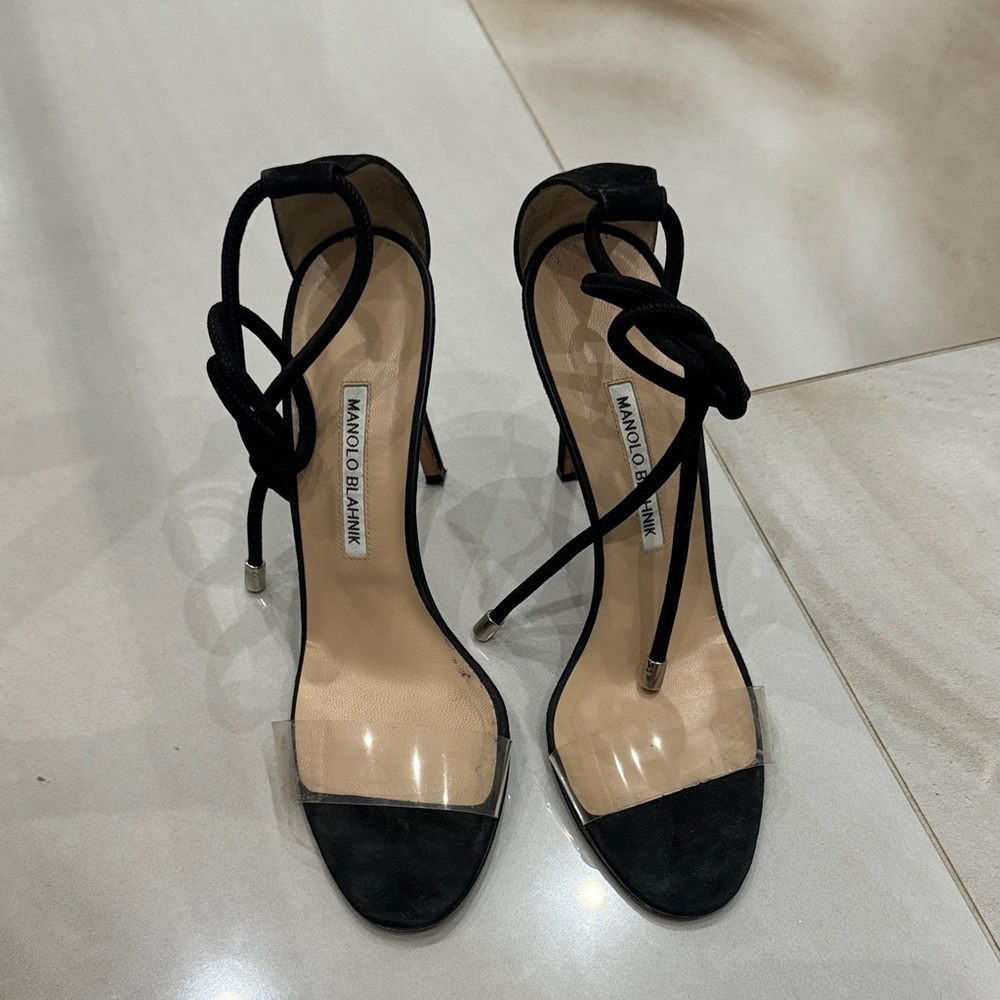 Manolo Blahnik Black Suede and Clear PVC Ankle-Tie Sandals